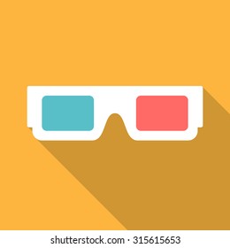 3d glasses icon with long shadow. Flat design style. 3d glasses silhouette. Simple icon. Modern flat icon in stylish colors. Web site page and mobile app design element.