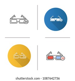 3D glasses icon. Polarized anaglyph glasses. Flat design, linear and color styles. Isolated vector illustrations