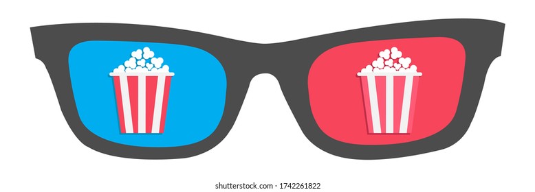 3D glasses icon. Popcorn box. Cinema movie night. Flat dsign style. Isolated. White background. Vector illustration