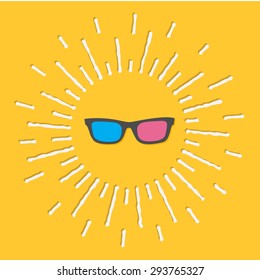 3D Glasses Icon. Shining effect dash line. Yellow background. Flat design style. Vector illustration