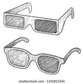 3D glasses illustration, drawing, engraving, ink, line art, vector