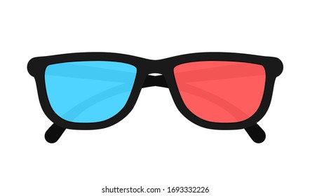 3d glasses isolated on background. Three-dimensional plastic glasses with red and blue lenses. Eyeglasses for 3d illusion in movie, films and images. Vector