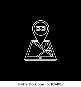3d glasses map pointer line icon, mobile gps navigation and location, pin on tablet vector graphics, a linear pattern on a black background, eps 10.