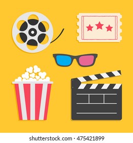 3D Glasses Movie Reel Open Clapper Board Popcorn Ticket Cinema Icon Set. Flat Design Style. Yellow Background. Vector Illustration