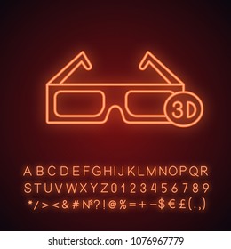 3D glasses neon light icon. Polarized anaglyph glasses. Glowing sign with alphabet, numbers and symbols. Vector isolated illustration
