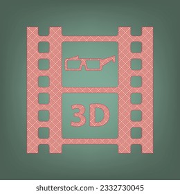 3d glasses on film sign. Apricot Icon with Brick Red parquet floor graphic pattern on a Ebony background. Feldgrau. Green. Illustration.