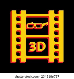 3d glasses on film sign. 3D Extruded Yellow Icon with Red Sides a Black background. Illustration.