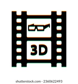 3d glasses on film sign. Black Icon with vertical effect of color edge aberration at white background. Illustration.