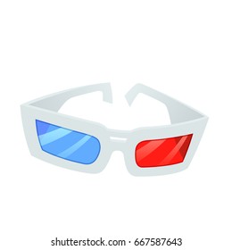 3D glasses. A pair anaglyph glasses in flat design isolated on a white background. Inventory for movies. Flat cartoon style. Vector illustration.