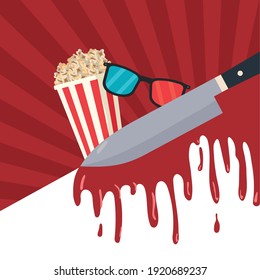 3d glasses with pop corn and knife blood vector illustration design