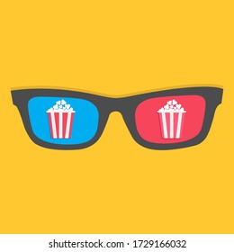 Gafas 3D. Caja de palomitas. Icono de la noche de cine. Estilo de diseño plano. Fondo amarillo. Aislado. Ilustración del vector