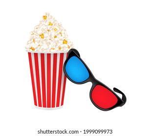 3D glasses and popcorn in a cardboard cup. Vector image on white background