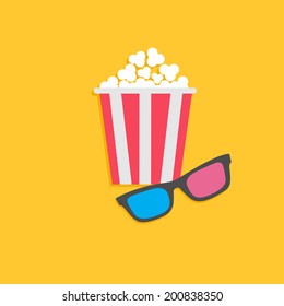 3D glasses and popcorn. Cinema icon in flat design style. Vector illustration