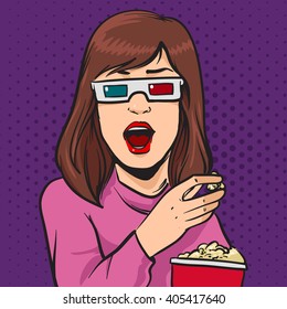 3D Glasses And Popcorn, Illustration For Cinema, Girl At The Cinema Theater, Pop Art, Retro Style, Emotions, Vector Illustration