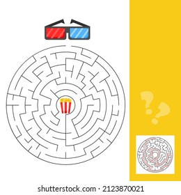 3d glasses and popcorn - maze game for kids. Connect the elements by finding right way. Game for kids with solution