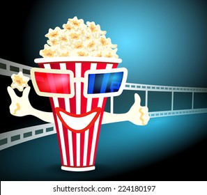 3d glasses put on a box with popcorn, who smiles