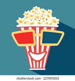3d glasses put on a box with popcorn, who smiles
