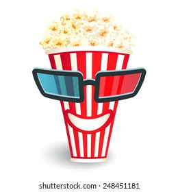 3d glasses put on a box with popcorn, who smiles