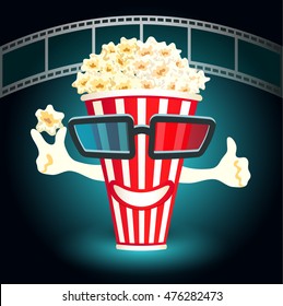 3d glasses put on a box with popcorn, who smiles