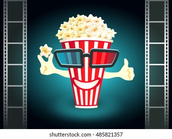 3d glasses put on a box with popcorn, who smiles
