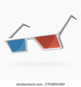 Icono realista de gafas 3D. Ilustración vectorial en 3D de gafas anaglíficas rojas y azules utilizadas para ver películas estereoscópicas en los cines, creando un efecto de ilusión profunda