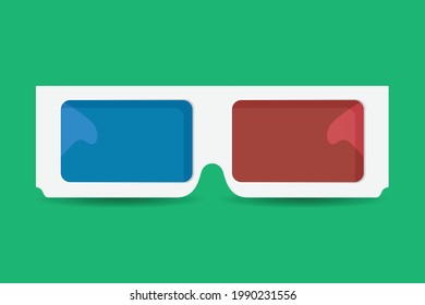 3D Glasses red and blue isolated on green background. Flat Icon. Cinema Movie Film Stereoscopic . Vector Illustration . 