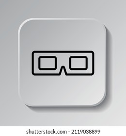 Icono simple de gafas 3d. Diseño plano. Icono negro en botón cuadrado con sombra. Fondo gris.ai