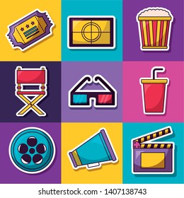 3d glasses speaker chair screen clapboard soda pop corn cinema movie vector illustration