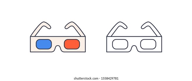 3d glasses vector illustration. Three-dimensional film viewing mean. Contemporary spectacles with blue and red lenses color design element. Modern cinema equipment isolated on white background.