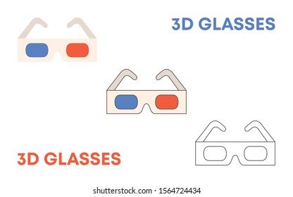 3d glasses vector illustration. Three-dimensional film viewing mean. Contemporary spectacles with blue and red lenses color design element. Modern cinema equipment isolated on white background.