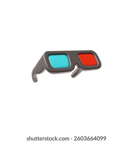 3D glasses for viewing in the cinema. Vector illustration. For viewing the effects of the film. Blue and red lenses. Accessory. Cartoon style. Icon on an isolated background. Rendering.