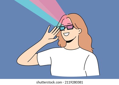 3d glasses and virtual reality concept. Young smiling woman wearing 3d special glasses watching movie or playing game having fun vector illustration 