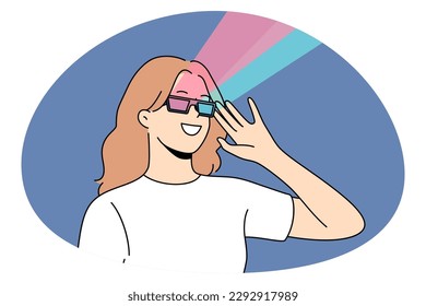 3d glasses and virtual reality concept. Young smiling woman wearing 3d special glasses watching movie or playing game having fun vector illustration