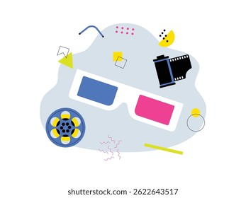 3d glasses for watching 90s movies with vintage elements background, vector illustration.