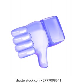 3D glasslike icon of a thumb down gesture with a transparent blue appearance. Symbolizes disapproval or negative reaction. Modern digital design element.