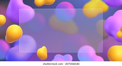 3d glassmorphism background template with blur fluid colorful blobs. Transparent glass morphism banner with abstract shapes vector design. Empty matte border or frame for presentation