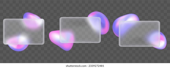 3d glassmorphism card frame vector design with gradient blur and abstract fluid shape holographic set. futuristic ui website interface element in purple and pink. Violet graphic for social media