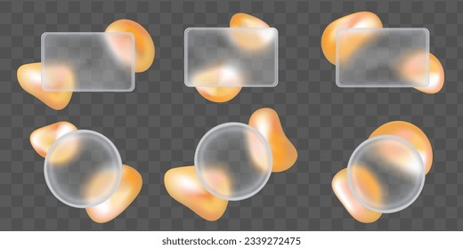 3d glassmorphism gradient blur frame design with abstract blob shape vector template. Holographic glass morphism fluid yellow and orange interface element for social media or mobile app icon set