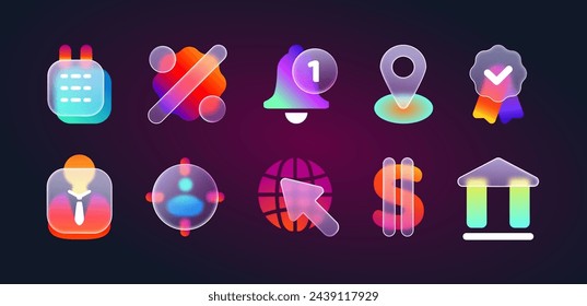 3d glassmorphism icons for website or mobile app. Transparent frosted glass morphism ui icon set with blur neon gradient of bank, notification, business strategy, calendar, location pin, dollar symbol