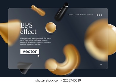 3d glassmorphism landing page. Vector illustration with blurred floating golden geometry shapes. Perfect rich design for glamour app, fashion banner, luxury background, jewelry presentation.