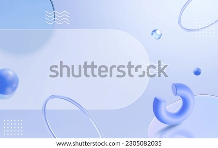 3D glassmorphism plate, geometric shape objects with line art floating on light blue background.