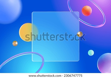 3D glassmorphism square plate floating in the center with colorful geometric shape objects on blue and purple gradient background.