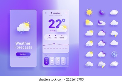 3d glassmorphism weather forecast app template. Mobile interface template. Weather icons set isolated on blue background.