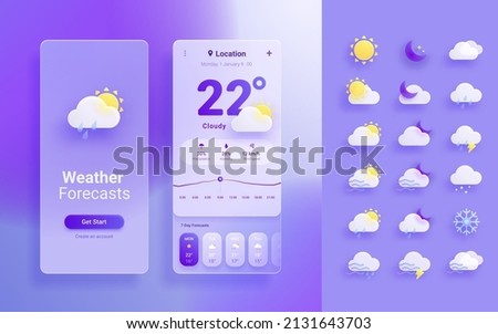 3d glassmorphism weather forecast app template. Mobile interface template. Weather icons set isolated on blue background.