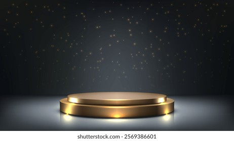 3D gleaming two tier gold podium stands against a dark, starry backdrop. exuding prestige and luxury. Perfect for award showcases, product displays, and mockups.