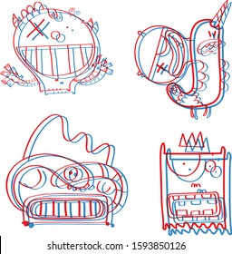 3D glitch effect cute monsters characters