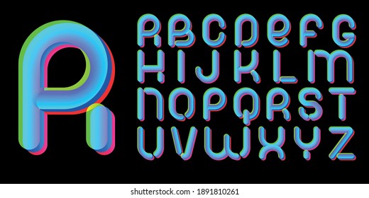 3d Glitch effect font. Latin letters from A to Z. Trending 2021 typerface design. For music events, banner, flyer, cover design.