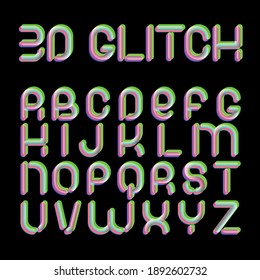 3d Glitch effect font. Latin letters from A to Z. Trending 2021 typerface design. For music events, banner, flyer, cover design.