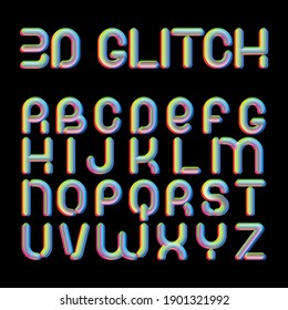 3d Glitch effect font. Latin letters from A to Z. Trending 2021 typerface design. For music events, banner, flyer, cover design.