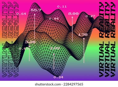 Plano 3D rayado y distorsionado hecho de malla. Ciencias de la computación e ilustración de sujetos de realidad virtual.